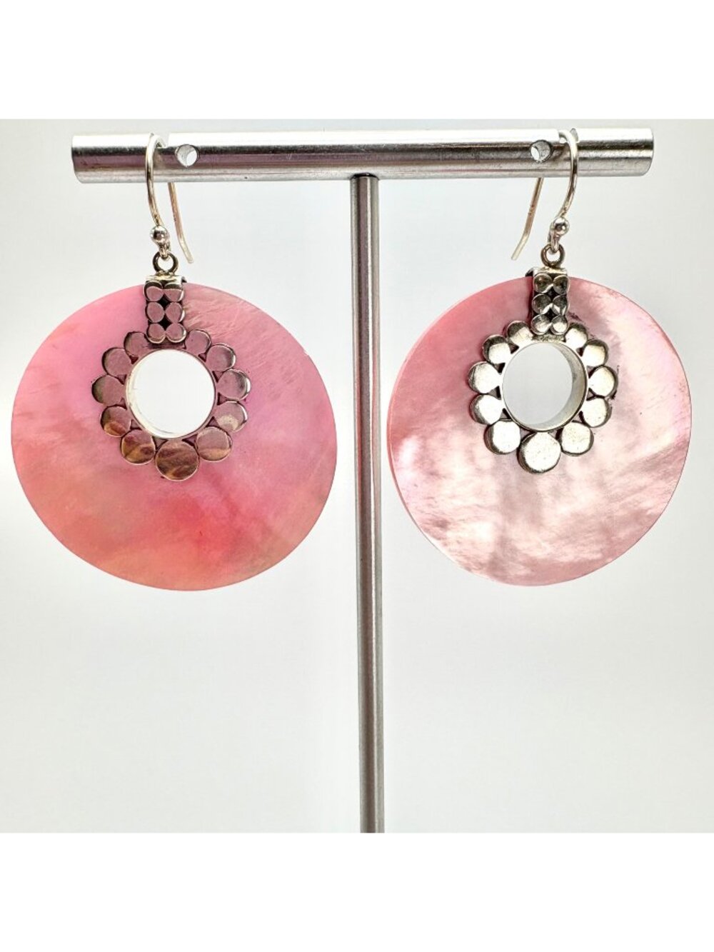 Pink Shell & Sterling Silver 925 Circle Dangle Earrings Size 2" Length